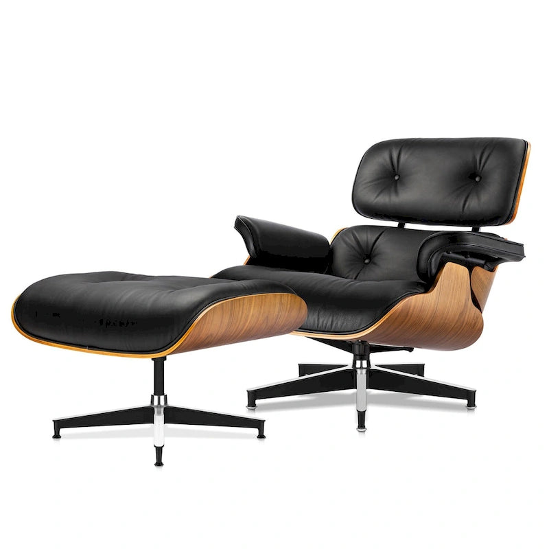 Loungesessel und Ottoman aus Top-Grain-Leder mit Nussbaumholz