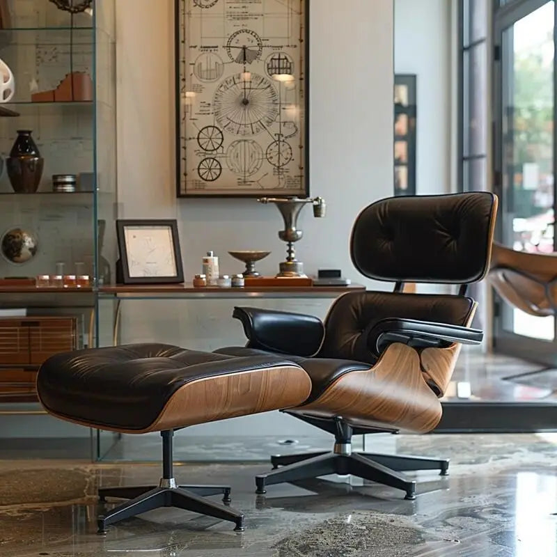 Loungesessel und Ottoman aus Top-Grain-Leder mit Nussbaumholz