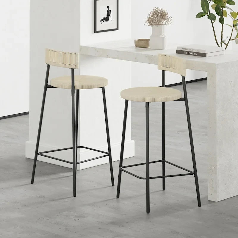 Handgewebte Papierkordel Barhocker mit Rückenlehne, 2er-Set