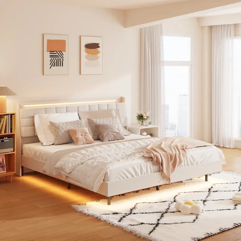 König-Size Polsterbett mit schwebendem Design und verstecktem Stauraum