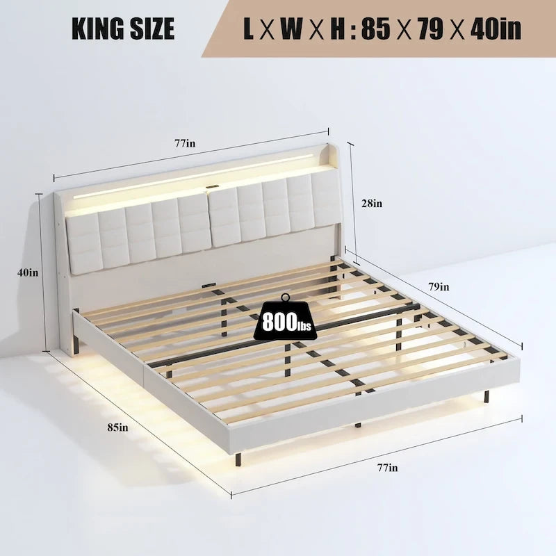König-Size Polsterbett mit schwebendem Design und verstecktem Stauraum
