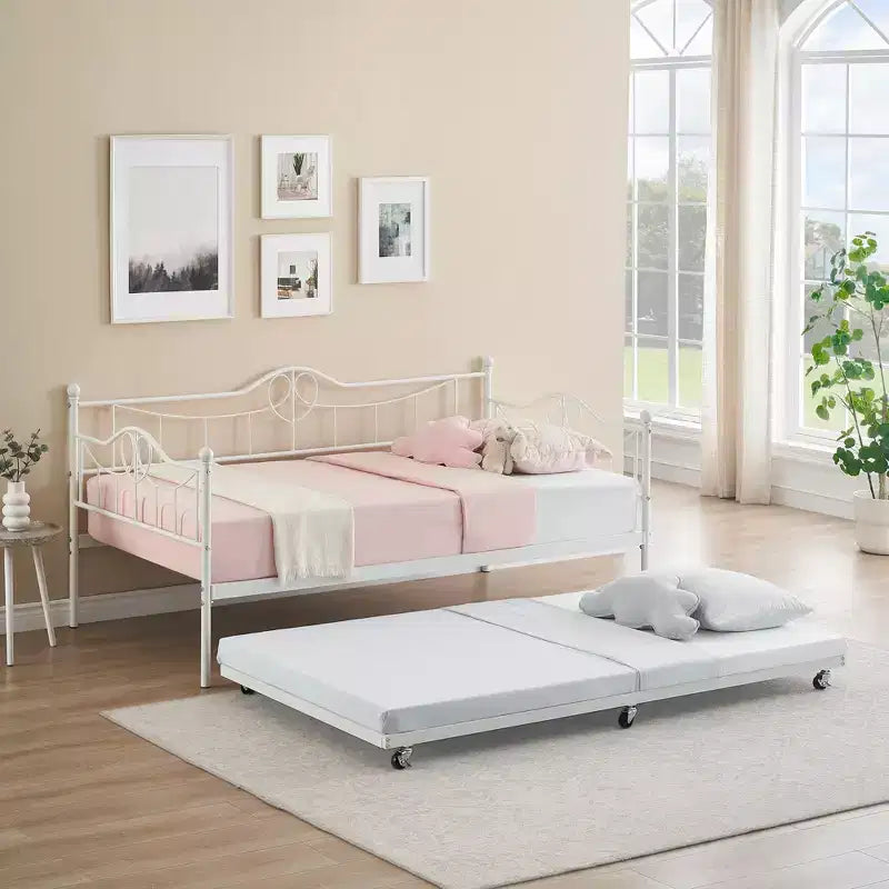 Tagesbett mit Ausziehbett, Metall-Tagesbett mit Gästebett, Tagesbett mit Ausziehbarem Bettrahmen, Sofa mit Stahl-Lattenrost für Kinder, Jugendliche und Erwachsene