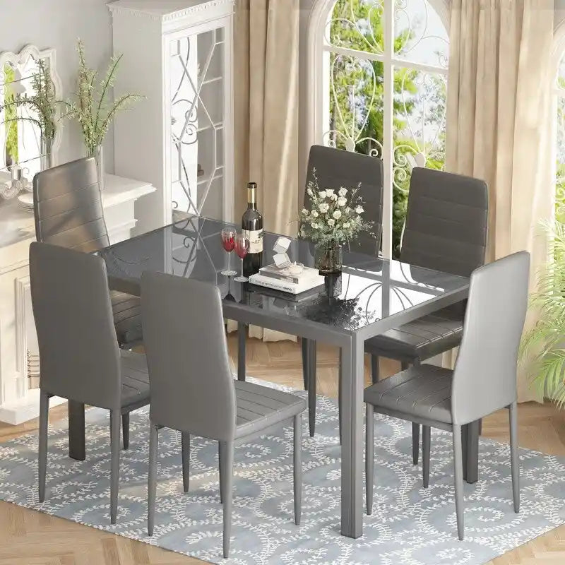 Grondin 7-teiliges Esszimmer-Set im modernen Stil mit Tischplatte aus gehärtetem Glas und 6 Stühlen mit PU-Lederpolsterung