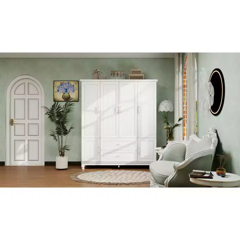Weiße Holz-Kleiderschrank, 156 cm, mit 2 Schubladen, Kleiderstange und Einlegeböden