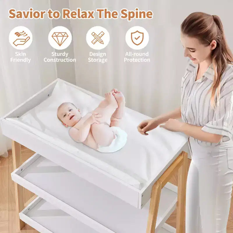 Moderner Wickeltisch mit wasserfester Auflage & 2 Ablagefächern, tragbare Baby-Wickelkommode aus Holz für Neugeborene/Kleinkinder, Holz+Weiß
