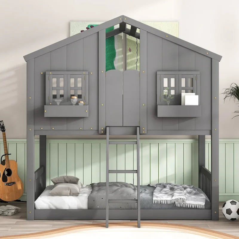 Etagenbett „Haus“ für zwei, mit Dach, Fenster, Blumenkasten und Tür, inklusive Sicherheitsgeländern und Leiter, Grau