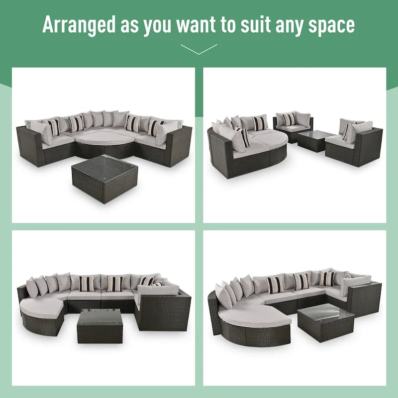 Modernes 7-teiliges Outdoor-Sofa-Set aus Korbgeflecht mit Couchtisch, Auflagen und gestreiften Kissen, geeignet für Terrasse, Garten und Veranda