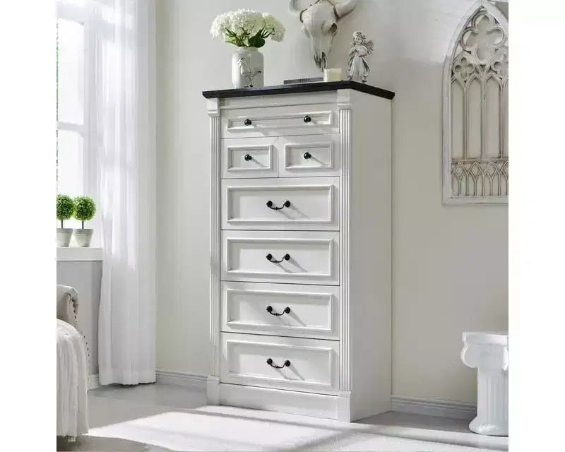 Mastgoal 57 Bauernhaus-Kommode mit 7 Schubladen, rustikaler Holzschrank mit römischer Säule für das Schlafzimmer