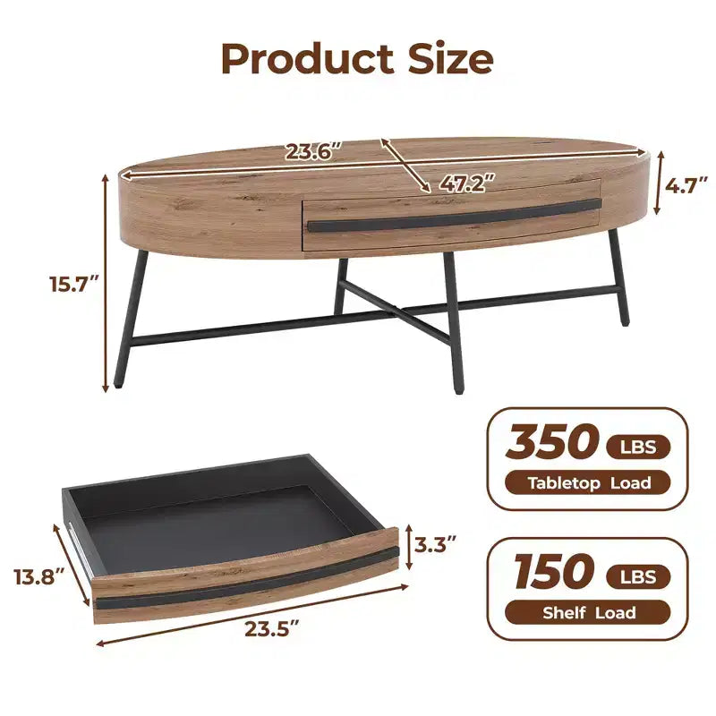Ovaler Couchtisch mit Schublade, Mid-Century Modern Wohnzimmertisch 120 cm, Holztisch mit Stauraum und gekreuzten Metallbeinen, geschwungenes Design