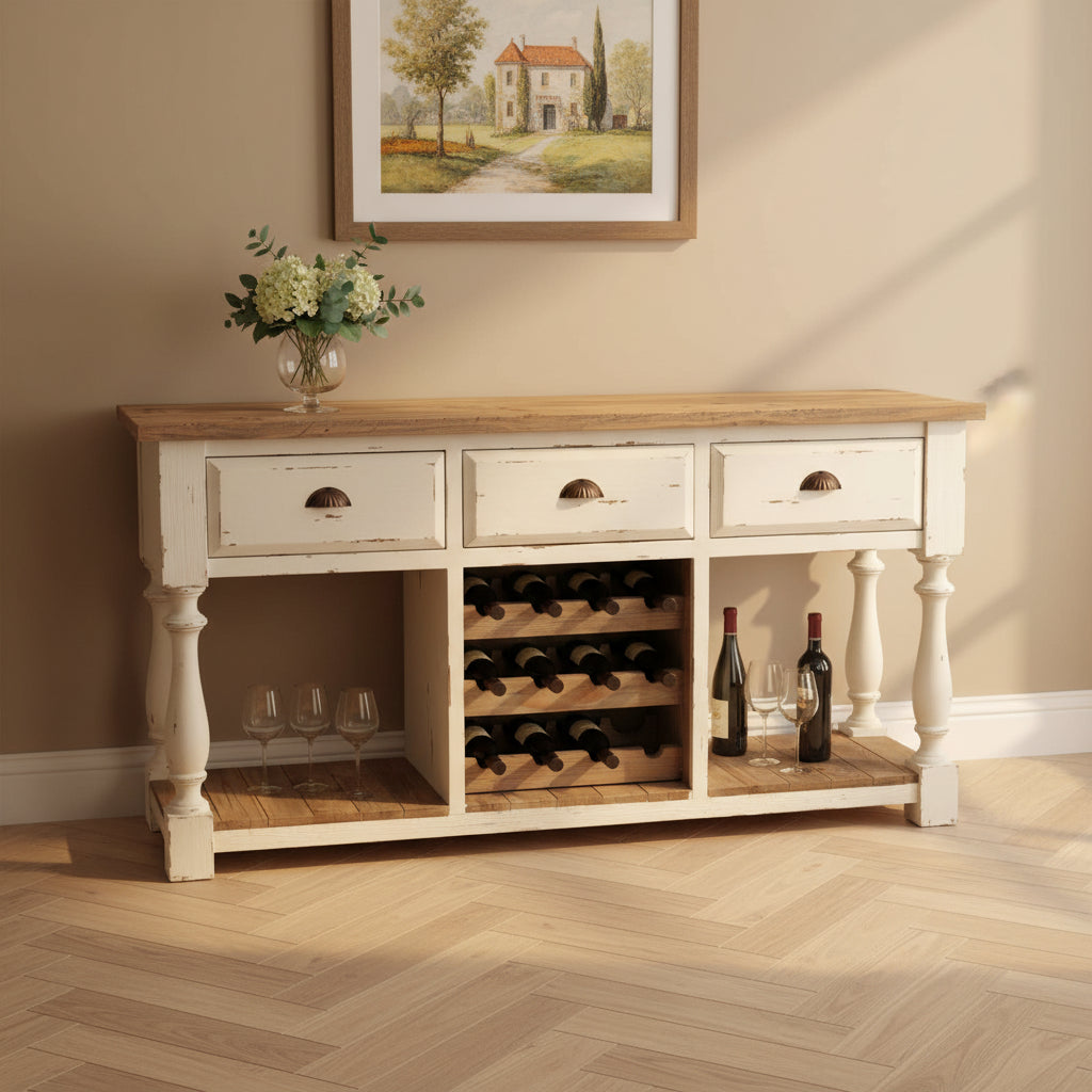 Konsolentisch-Weinregal im Landhausstil in Kreideweiß mit Naturholzplatte