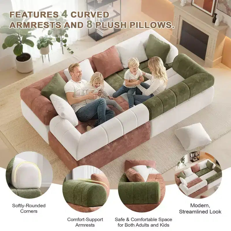 280 cm breites, modulares 4-Sitzer-Sofa aus Chenille im Colorblock-Design mit geschwungenen Armlehnen