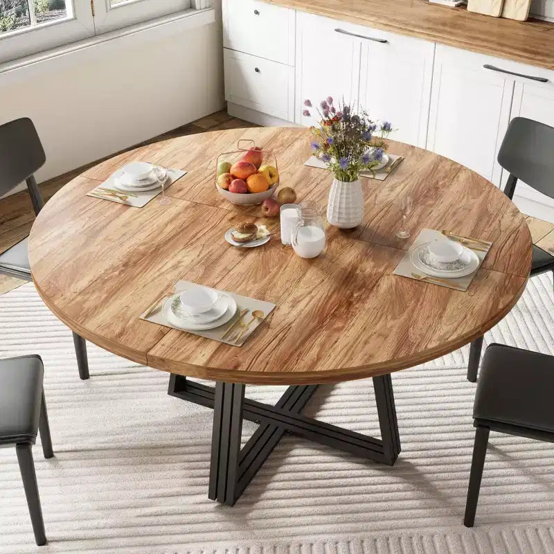 Runder Esstisch für 4-6 Personen, 47 Küchen-Esstisch mit Ablagefach, Holztisch mit Metallgestell für Zuhause und Wohnzimmer, ohne Stühle