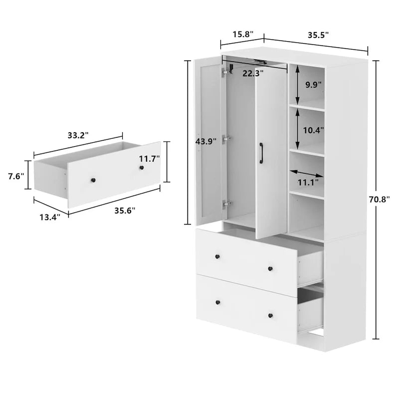 Kleiderschrank mit Spiegel, verstellbarer Kleiderstange und platzsparendem Design