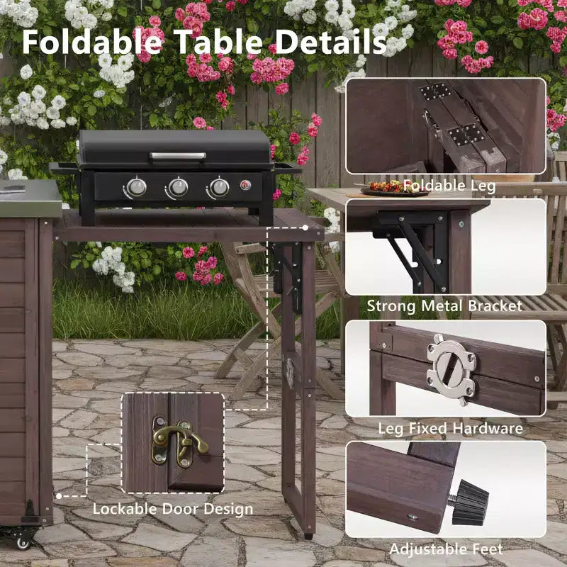 Outdoor-Kücheninsel mit klappbarem Seitentisch, Outdoor-Grillwagen mit Edelstahlplatte, versteckter Müllschrank für Rasen & Garten