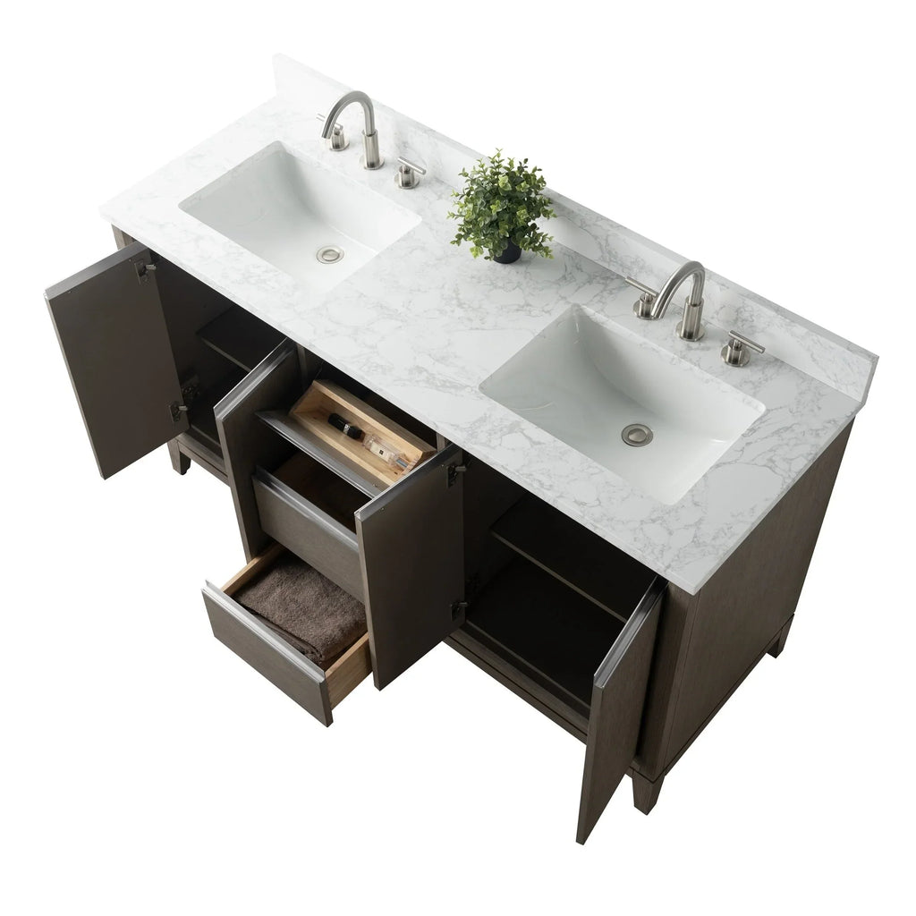 Vanity Art Badezimmerschrank mit Keramikwaschbecken und Platte aus technischem Marmor