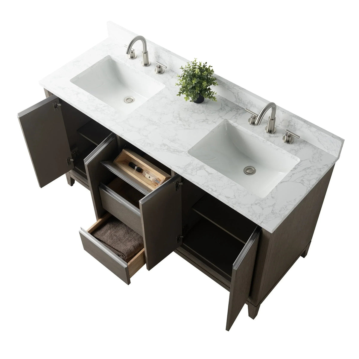 Vanity Art Badezimmerschrank mit Keramikwaschbecken und Platte aus technischem Marmor