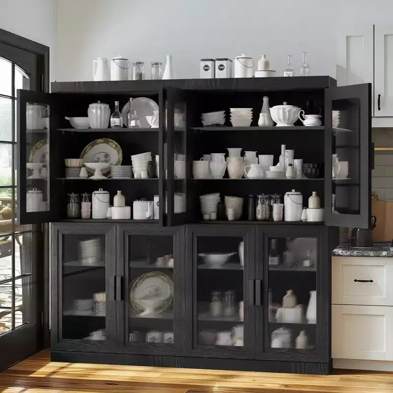 62 Zoll Dekorativer Aufbewahrungsschrank mit schwarzer Glastür und Holzmaserung, Vitrine mit ausreichend Platz für 12 Regalböden