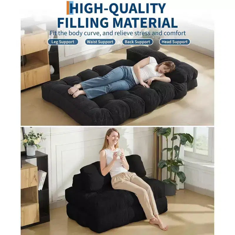 3-in-1-Klappsofa mit Schlaffunktion, umwandelbarer Schlafsessel mit Kissen, tragbarer ausklappbarer Sessel mit Schlaffunktion, bequemes Bodensofa mit Rückenstütze fürs Wohnzimmer, Beige