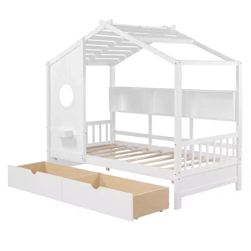 Whisen Hausbett für Kinder in Einzelbettgröße, Spielhausbett mit 2 Schubladen und Ablagefach