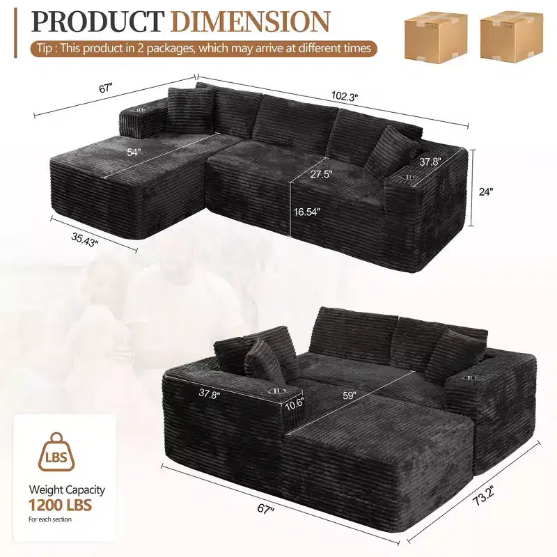 Celebalcony 103 modulares, rahmenloses Ecksofa, L-förmige Récamiere mit 2 Getränkehaltern, weiches Cord-Cloud-Sofa für das Wohnzimmer, keine Montage erforderlich