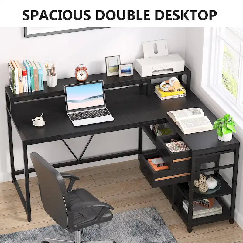 L-förmiger Schreibtisch mit Schublade, Eckschreibtisch für das Home-Office mit Ablagefächern und Monitorständer, rustikaler PC-Tisch für kleine Räume