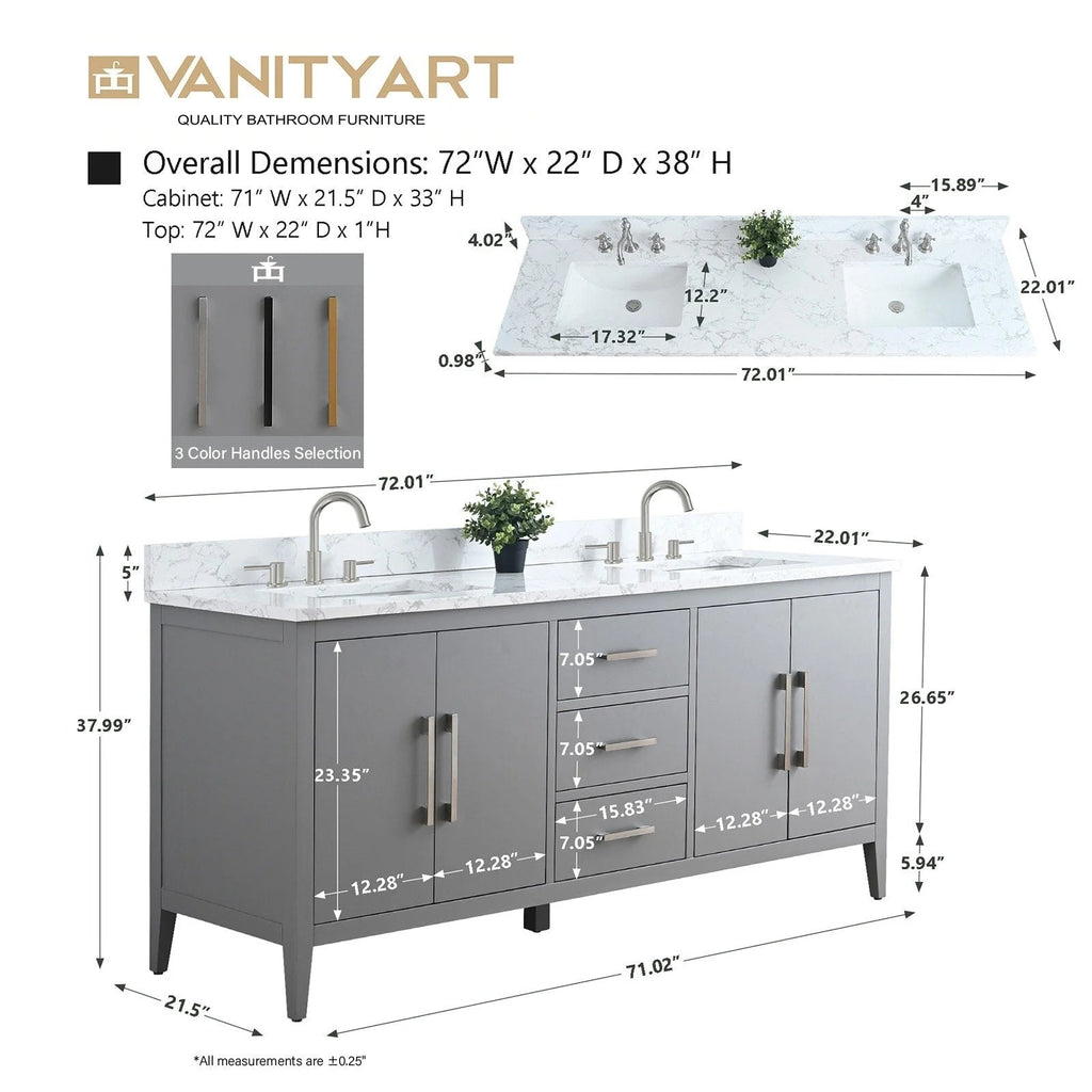 Vanity Art 72 Zoll Badezimmer-Waschtischunterschrank mit Doppelwaschbecken und Kunstmarmorplatte