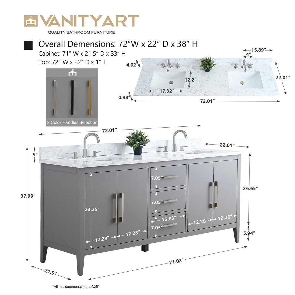 Vanity Art 72 Zoll Badezimmer-Waschtischunterschrank mit Doppelwaschbecken und Kunstmarmorplatte