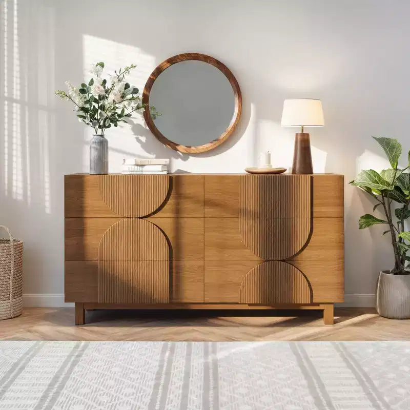 Moderne geometrische Kommode mit 6 Schubladen, breiter Aufbewahrungsschrank mit Halbkreis-Akzent für Schlaf- und Wohnzimmer