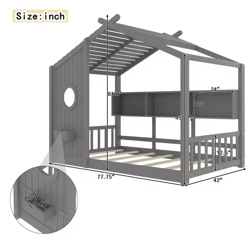Bodenbett für Kinder in Twin-Größe, Montessori-Hausbett mit Ablagefach und Dachdesign