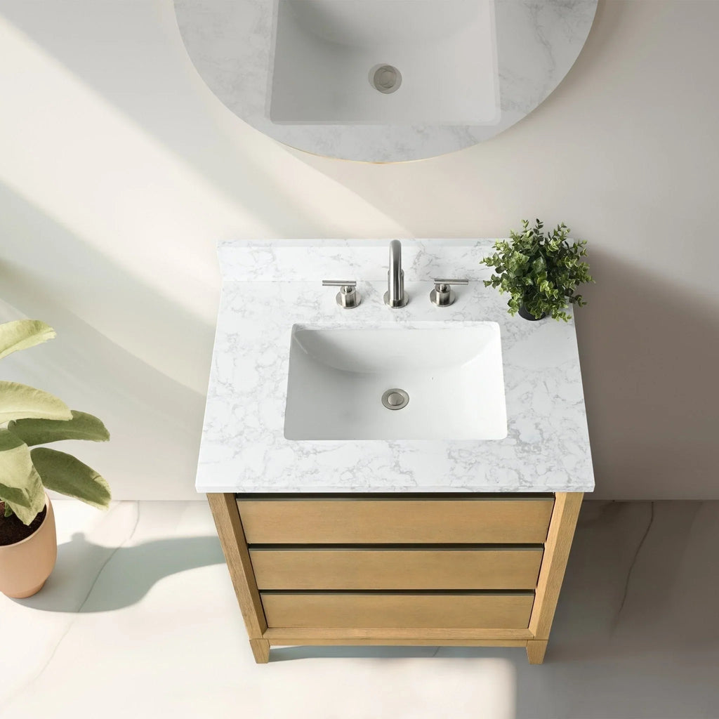 Vanity Art Badezimmerschrank mit Keramikwaschbecken und Platte aus technischem Marmor