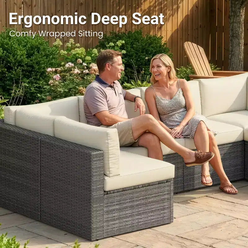 7-teiliges Outdoor-Gartenmöbel-Set, Geflochtene Lounge-Garnituren mit Auflagen und Couchtisch, Modulares Outdoor-Ecksofa