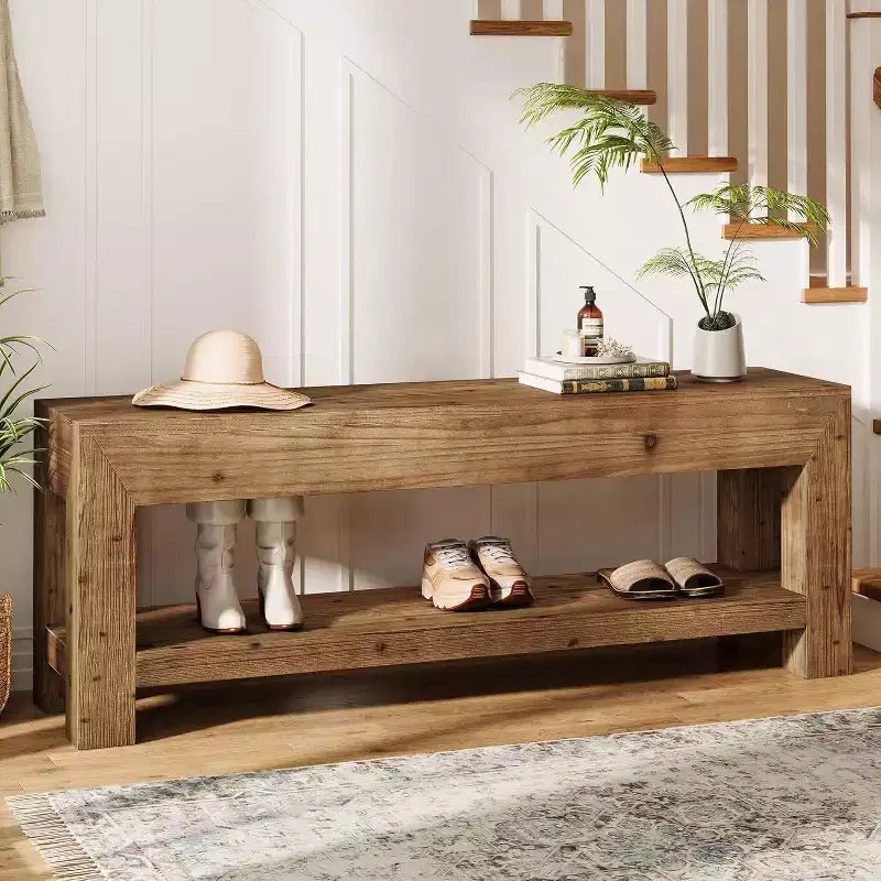 47.24" Eingangssitzbank aus Massivholz mit offenen Regalfächern, Rustikales Braun