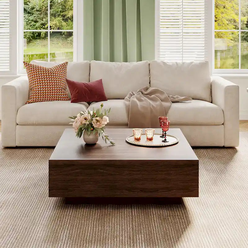 Mid-Century Modern Couchtisch, minimalistischer Couchtisch aus Holzfurnier mit Stauraum für das Wohnzimmer, komplett montiert