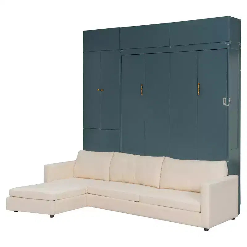 Schrankbett in Queen-Size mit Sofa und Schrank, hölzernes Queen-Size-Schrankbett als Wandbett mit Regalen, klappbares Wand-Schrankbett für Gästezimmer und Büro