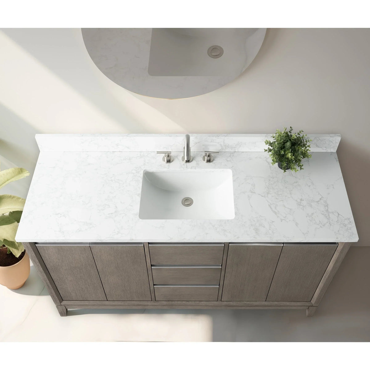Vanity Art Badezimmerschrank mit Keramikwaschbecken und Platte aus technischem Marmor