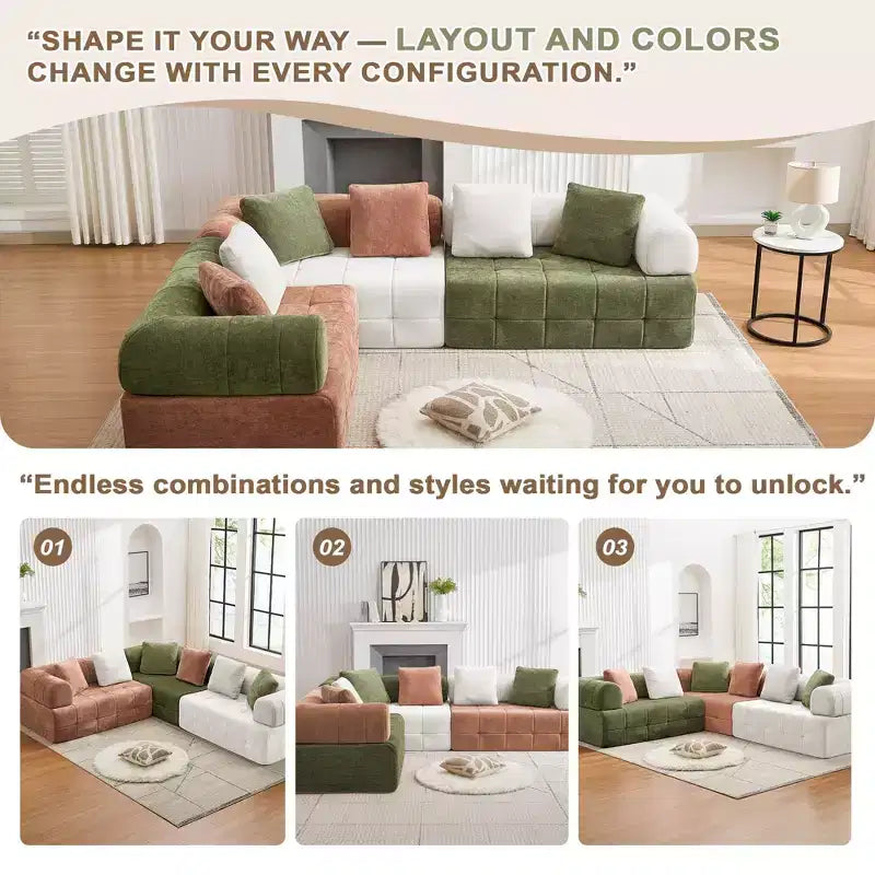 280 cm breites, modulares 4-Sitzer-Sofa aus Chenille im Colorblock-Design mit geschwungenen Armlehnen