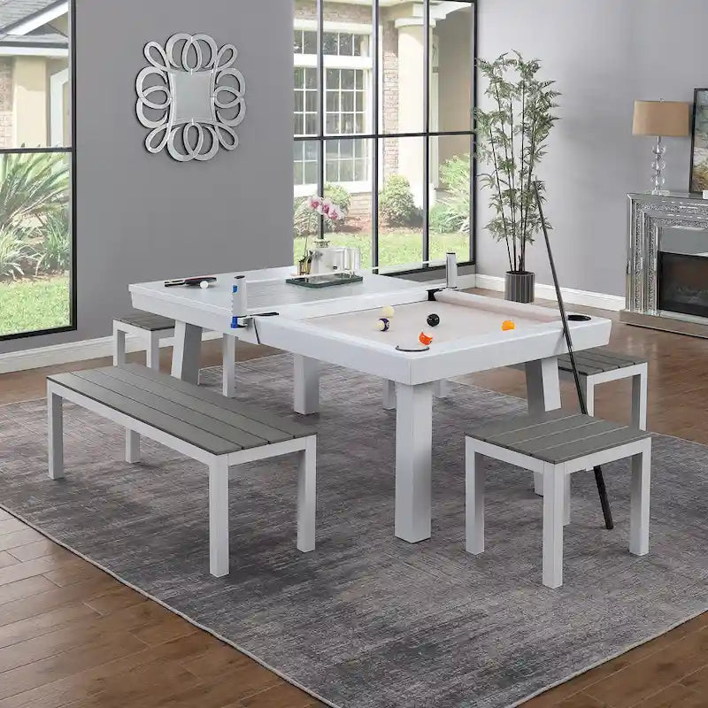 Norwalk Indoor/Outdoor 7-Fuß-Billardtisch in Schieferoptik, Esstischgarnitur für 6 Personen mit 4 Bänken und Zubehör, weißes Finish
