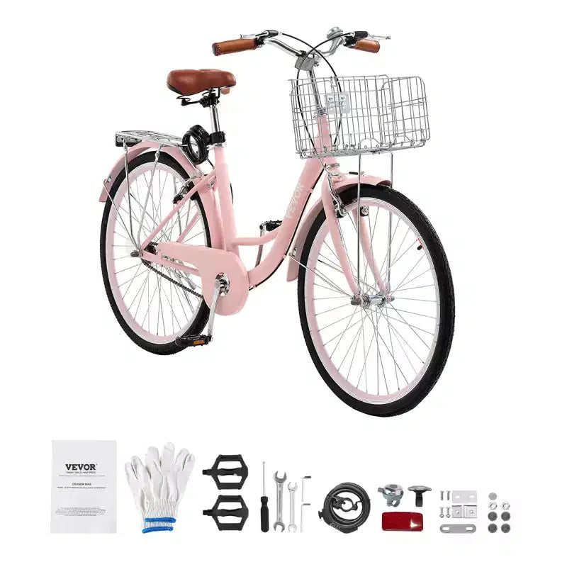 VEVOR Beachcruiser, 1-Gang, 26-Zoll Damen-Fahrrad in Pink mit großem Korb und Gepäckträger, sicheres und stabiles Citybike, Pink