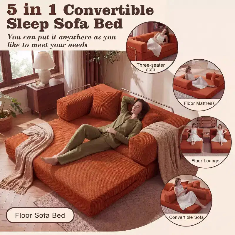 Dyonery 65-Zoll 5-in-1-Schlafsofa, zu einem Doppelbett umbaubar, mit festem Metallrahmen, Cord