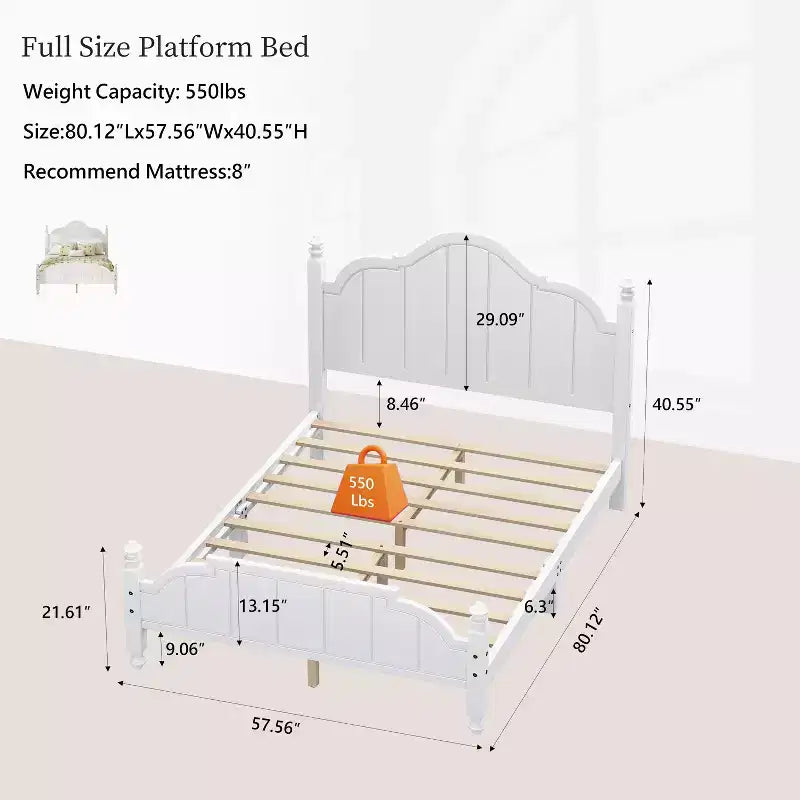Vintage-Plattformbettgestell in Queensize – Massivholz aus Kiefer, MDF-Kopfteil, kein Boxspringbett erforderlich