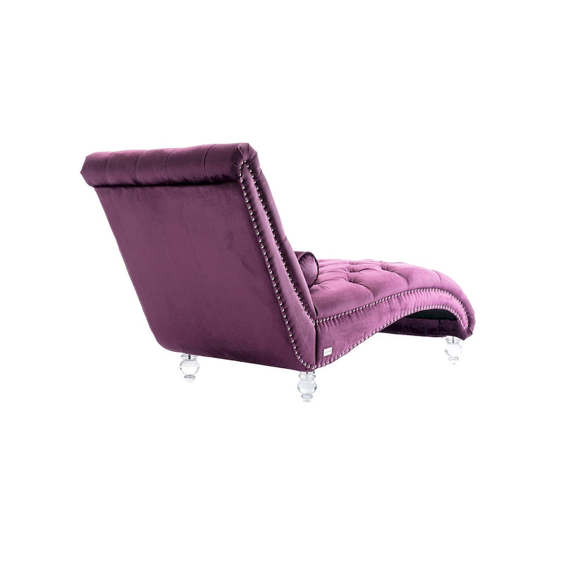Violette, gepolsterte Récamiere mit Knopfheftung, Kissen und Acrylbeinen
