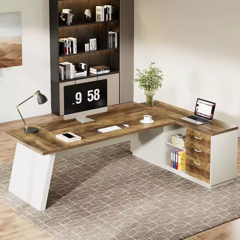 Lantine Modern 78 L-förmiger Chefschreibtisch mit Schubladen und seitlichem Aktenschrank