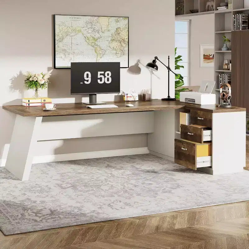 Lantine Modern 78 L-förmiger Chefschreibtisch mit Schubladen und seitlichem Aktenschrank