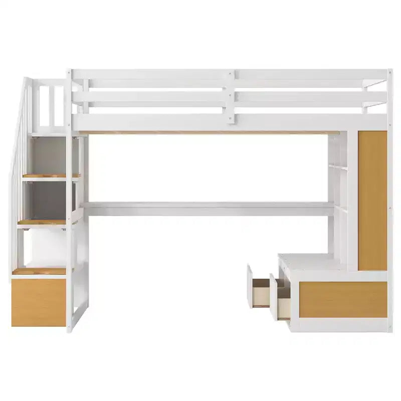 Full-Size-Hochbett mit Treppe und Schreibtisch, Hochbettgestell aus Holz mit Staufächern und Bücherregalen für Erwachsene, Teenager und Kinder