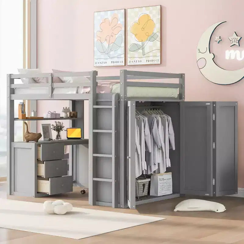 CLIHOME Hochbett in Full-Size mit 3 Schubladen, Schreibtisch und Kleiderschrank