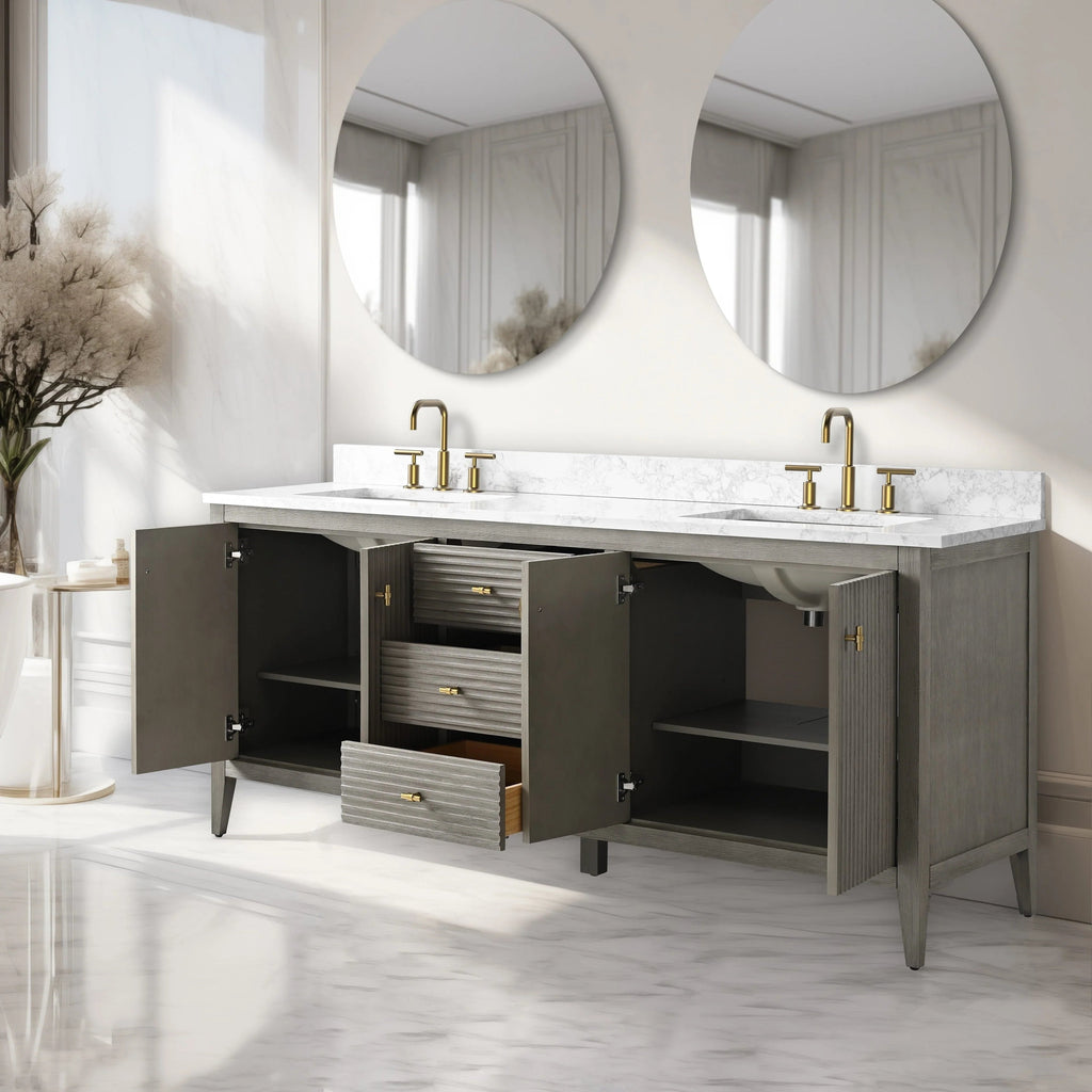 Vanity Art 72 Zoll Badezimmer-Waschtischunterschrank mit Doppelwaschbecken und Kunstmarmorplatte