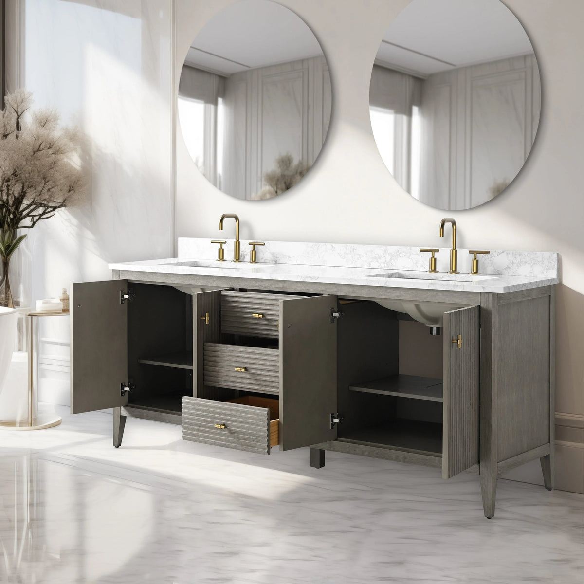 Vanity Art 72 Zoll Badezimmer-Waschtischunterschrank mit Doppelwaschbecken und Kunstmarmorplatte