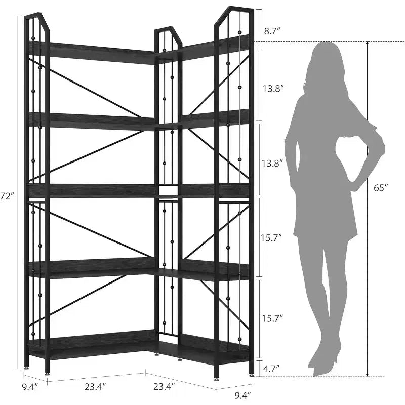 L-förmiges Eckregal, Industrie-Design Eckregal, fünfetagiges L-förmiges Bücherregal mit Perlen-Dekor, geeignet für Wohnzimmer