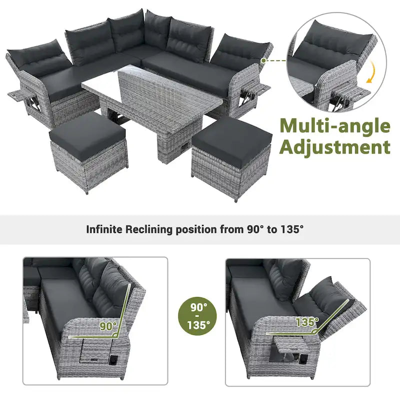 Outdoor-Rattan-Ecksofa-Set mit verstellbarem Tisch und Relaxsesseln