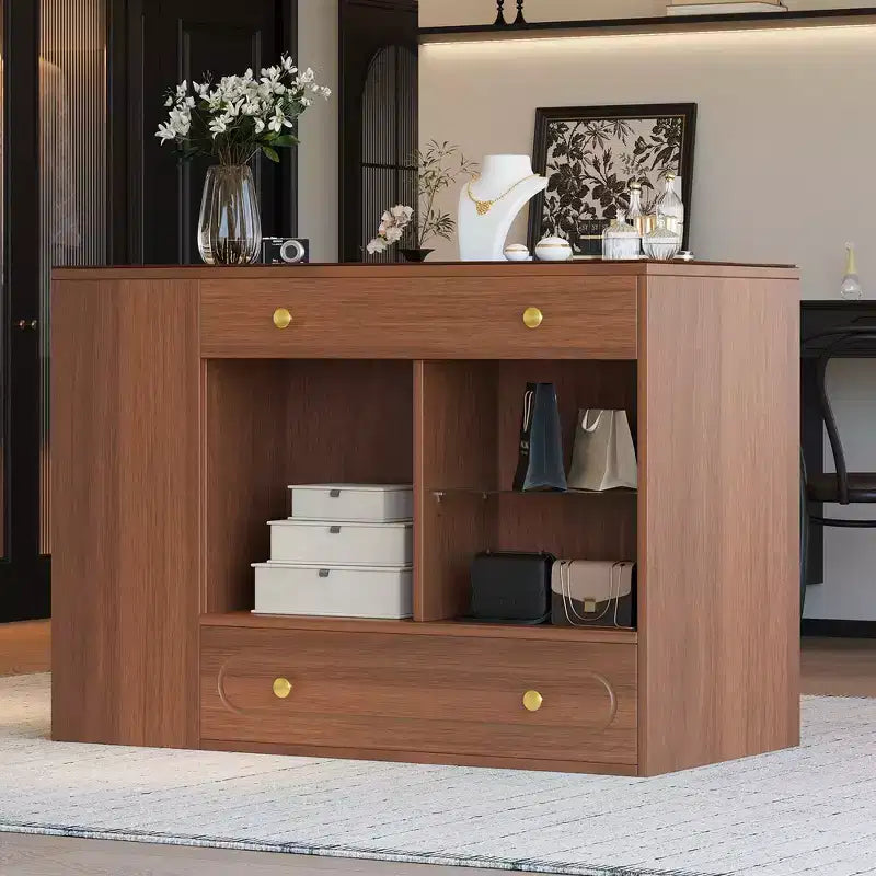Kleiderschrank-Insel mit 6 Schubladen, Glas-Präsentationsplatte & offenen Regalen